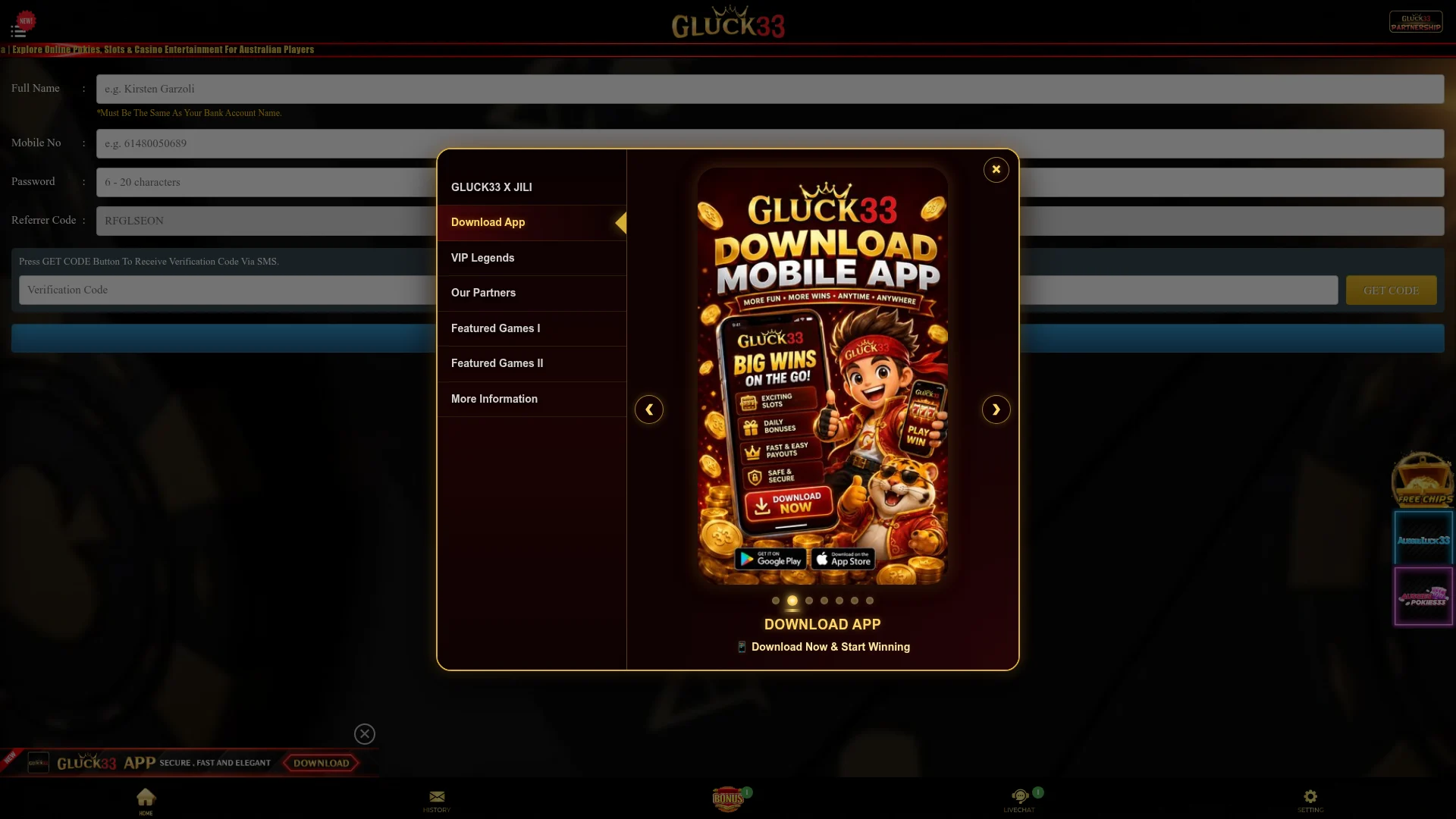 Gluck33 Casino desktop casino interface for Australian players